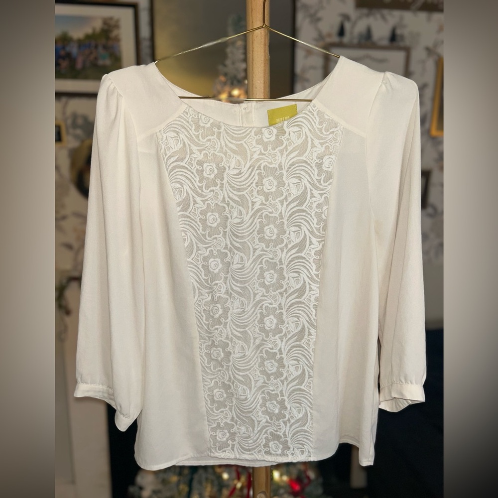 Anthropologie White Lace-Front Blouse